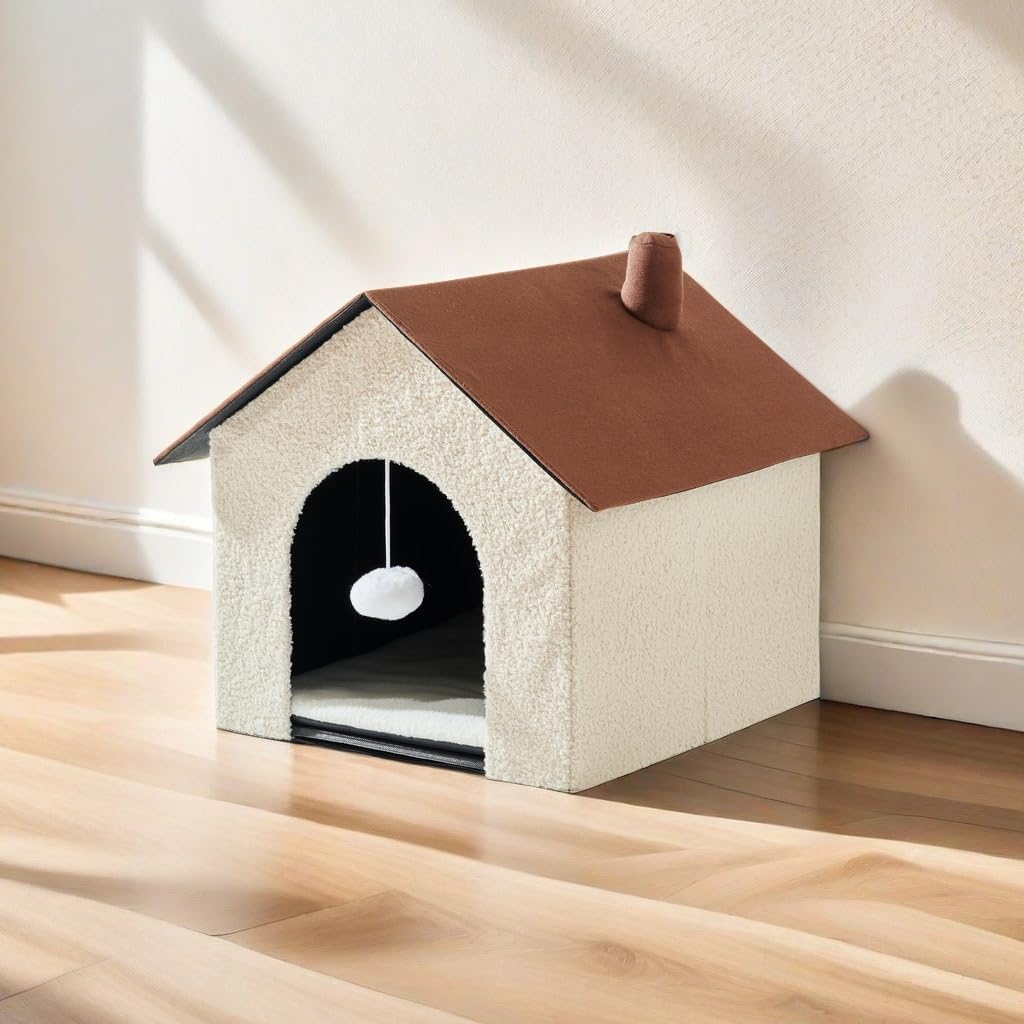 Zedelmaier katzenhaus für draußen,katzenhöhle warm,katzenhöhle XXL,katzenhaus isoliert,katzenhütte mit Spielball,katzenmöbel (Beige und Braun, 45x48x40cm H)